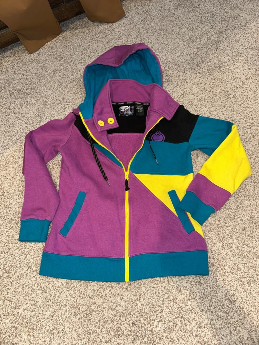 NOMIS Girls' Colorblock Hooded Zip Jacket in Purple, Teal & Yellow size M